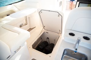 Grady-White Freedom 375 37-foot dual console fishing boat helm floor storage compartment