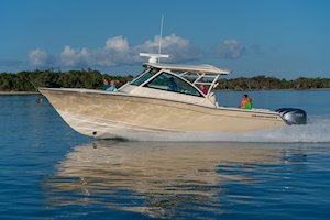 Grady-White Freedom 375 37-foot dual console fishing boat running port side