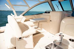 Grady-White Freedom 375 37-foot dual console fishing boat wraparound companion seating