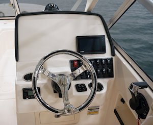 Grady-White Freedom 235 23-foot dual console helm layout with flush mount electronics area