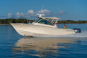 Grady-White Freedom 375 37-foot dual console fishing boat running port side