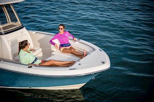 Grady-White Fisherman 216 21-foot center console cushioned bow seating with forward facing foldaway bolstered backrest