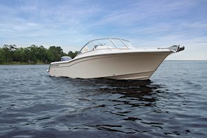 Grady-White Freedom 235 23-foot dual console starboard side profile bow forward