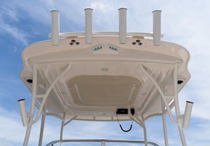 Grady-White's Adventure 218 21-foot walkaround cabin boat hardtop with top mounted rod holders