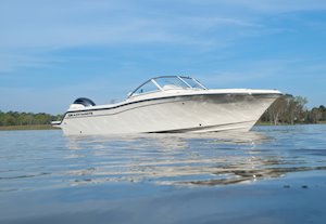 Grady-White Freedom 215 21-foot dual console side profile from water level starboard side