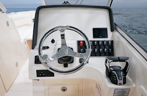 Grady-White Freedom 275 27-foot dual console helm layout with flush mount electronics area