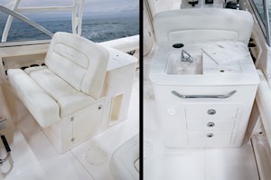 Grady-White Freedom 255 25-foot dual console boat helm seating and wetbar