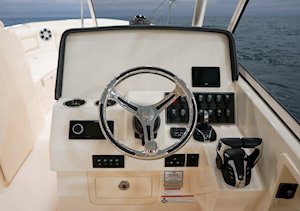 Grady-White Freedom 285 28-foot dual console helm layout with flush mount electronics area